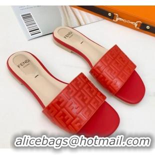 Hot Sale Fendi FF Leather Flat Slide Sandals 0330116 Red 2021