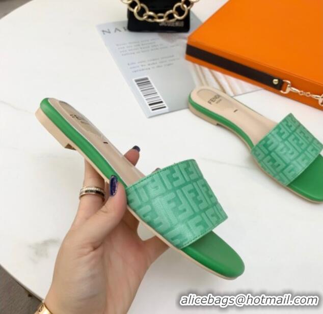 Fashion Fendi FF Leather Flat Slide Sandals 0330116 Bright Green 2021