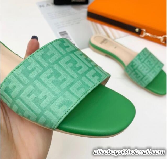 Fashion Fendi FF Leather Flat Slide Sandals 0330116 Bright Green 2021