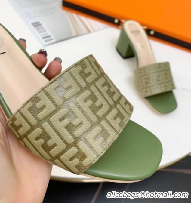 Good Product Fendi FF Leather Heel Slide Sandals 0330116 Olive Green 2021