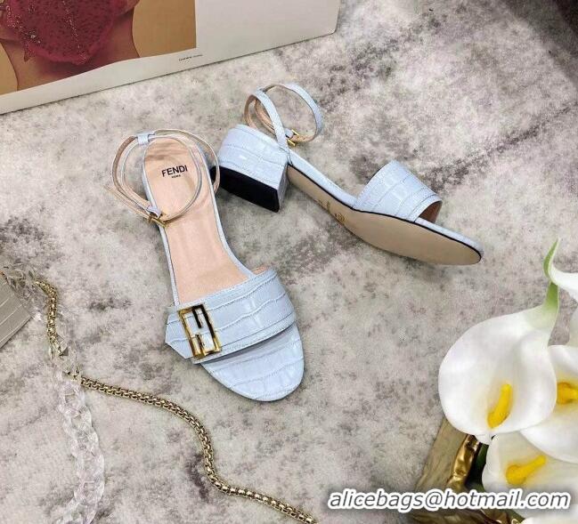 Charming Fendi Crocodile Embossed Leather Sandals 040736 Light Blue 2021