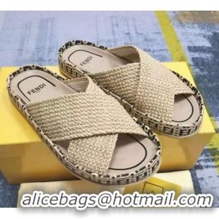 Popular Fendi Reflections Raffia Flat Slide Sandals Beige 2021