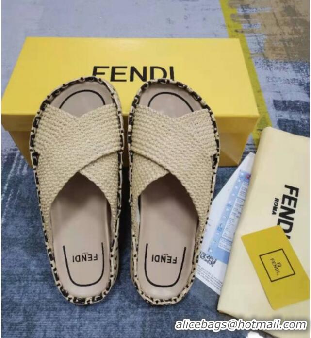 Popular Fendi Reflections Raffia Flat Slide Sandals Beige 2021