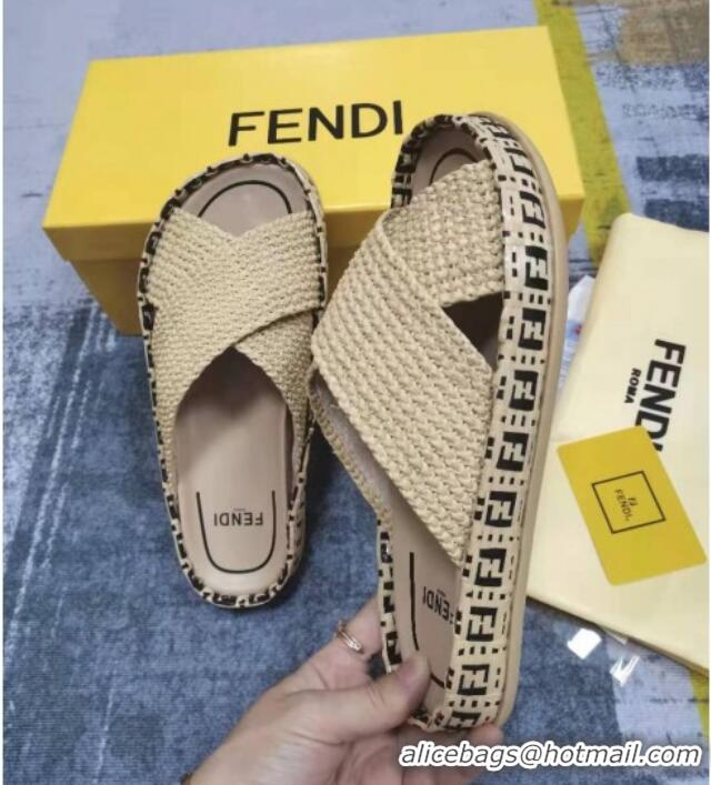 Popular Fendi Reflections Raffia Flat Slide Sandals Beige 2021