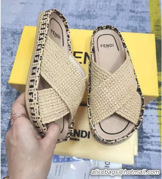 Popular Fendi Reflections Raffia Flat Slide Sandals Beige 2021