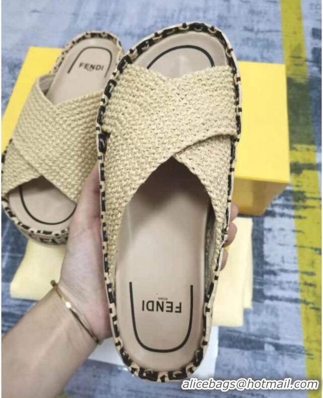 Popular Fendi Reflections Raffia Flat Slide Sandals Beige 2021