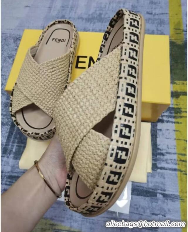 Popular Fendi Reflections Raffia Flat Slide Sandals Beige 2021