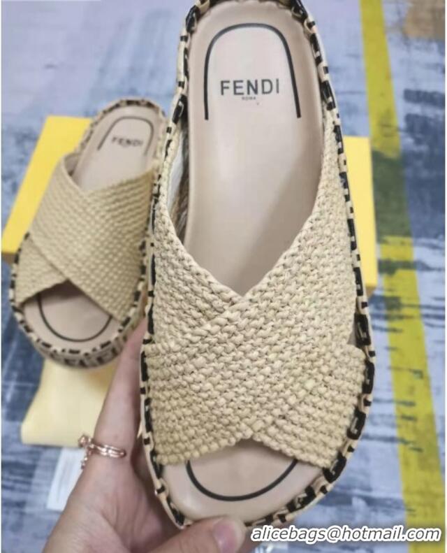 Popular Fendi Reflections Raffia Flat Slide Sandals Beige 2021