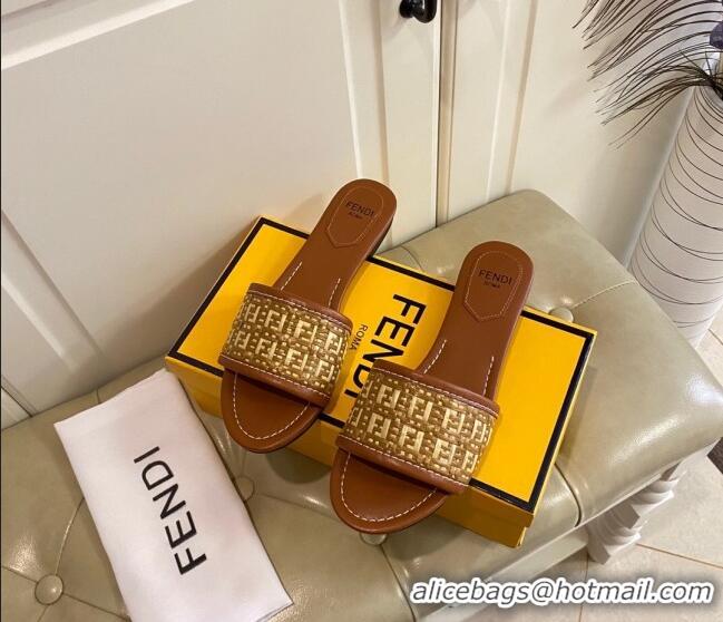 Best Luxury Fendi FF Interlace Flat Slide Sandals 040878 Brown 2021