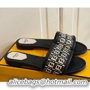 Discount Design Fendi FF Interlace Flat Slide Sandals 040878 Black 2021