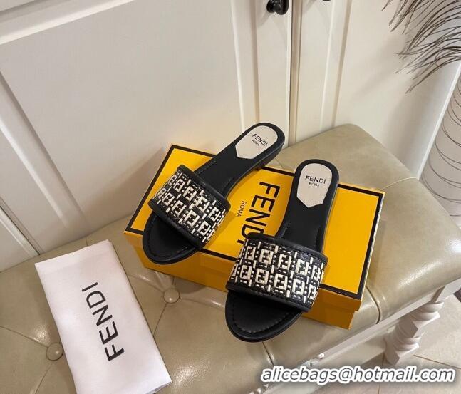 Discount Design Fendi FF Interlace Flat Slide Sandals 040878 Black 2021