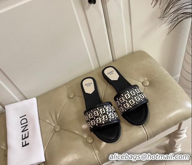 Discount Design Fendi FF Interlace Flat Slide Sandals 040878 Black 2021