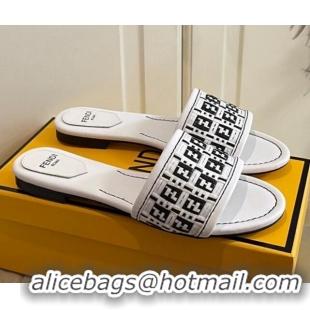 Good Quality Fendi FF Interlace Flat Slide Sandals 040878 White 2021