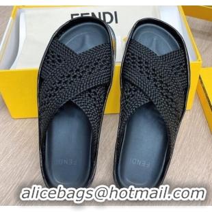 Good Product Fendi Reflections Stretch Lace Flat Slide Sandals 040892 Black 2021