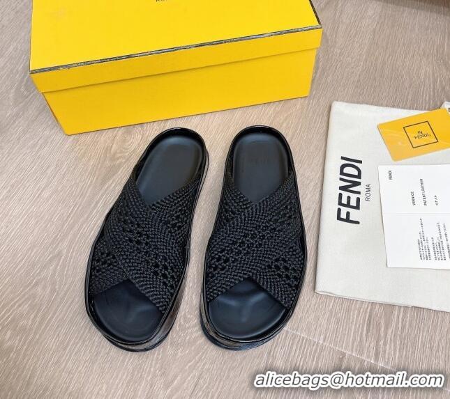 Good Product Fendi Reflections Stretch Lace Flat Slide Sandals 040892 Black 2021