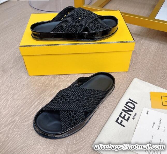 Good Product Fendi Reflections Stretch Lace Flat Slide Sandals 040892 Black 2021