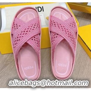 New Style Fendi Reflections Stretch Lace Flat Slide Sandals 040892 Pink 2021