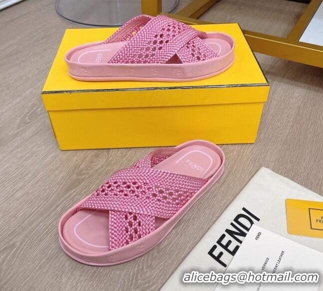 New Style Fendi Reflections Stretch Lace Flat Slide Sandals 040892 Pink 2021