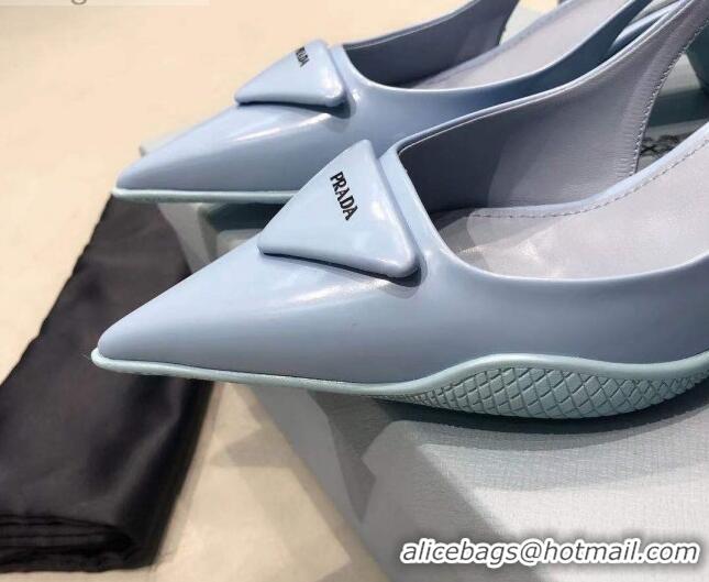 Luxury Hot Prada Shiny Leather Slingback Pumps 3cm 030601 Light Blue 2021