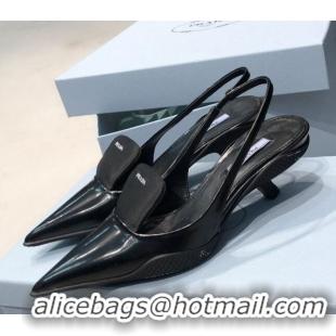 Top Quality Prada Leather and Nylon Slingback Pumps 3cm 030606 All Black