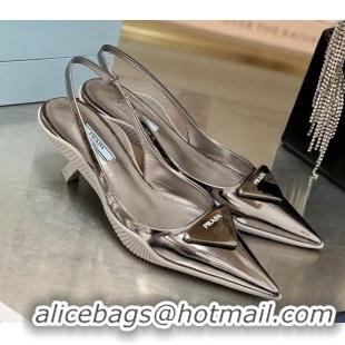 Best Luxury Prada Shiny Leather Slingback Pumps 3cm 030611 Silver 2021