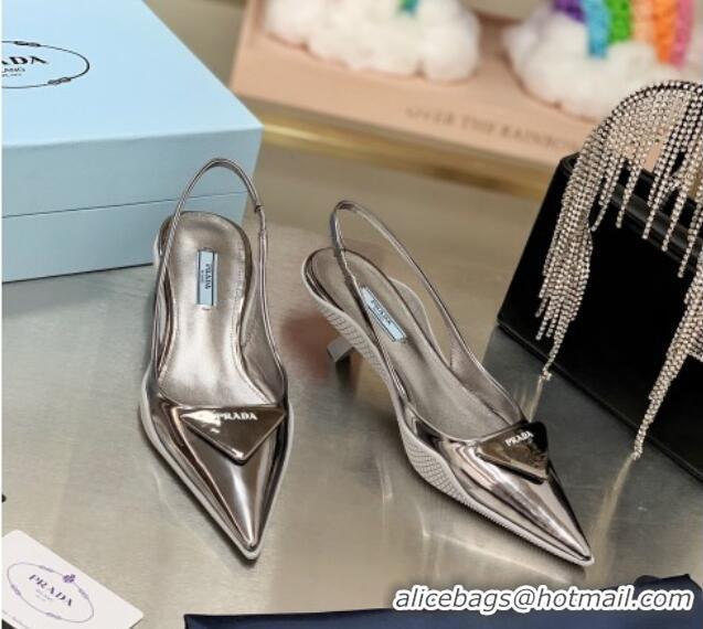 Best Luxury Prada Shiny Leather Slingback Pumps 3cm 030611 Silver 2021