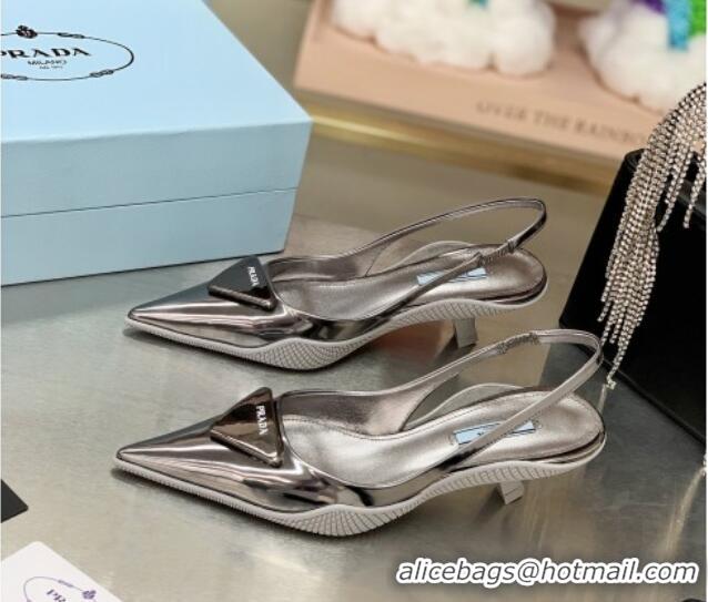 Best Luxury Prada Shiny Leather Slingback Pumps 3cm 030611 Silver 2021