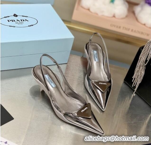 Best Luxury Prada Shiny Leather Slingback Pumps 3cm 030611 Silver 2021