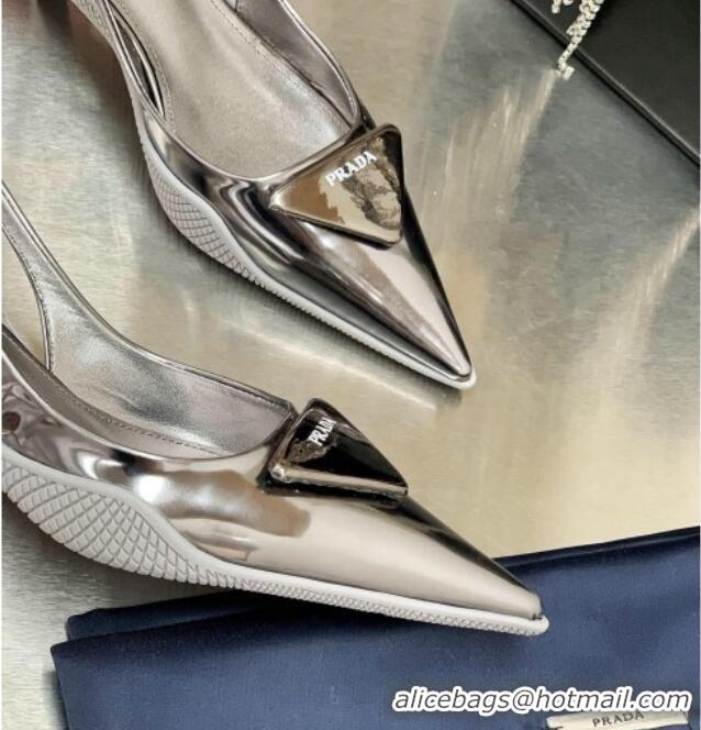 Best Luxury Prada Shiny Leather Slingback Pumps 3cm 030611 Silver 2021