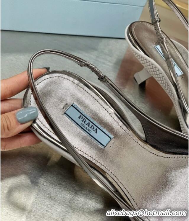 Best Luxury Prada Shiny Leather Slingback Pumps 3cm 030611 Silver 2021