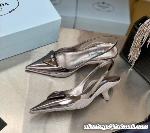 Best Luxury Prada Shiny Leather Slingback Pumps 3cm 030611 Silver 2021