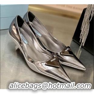 Best Price Prada Shiny Leather Slingback Pumps Heel 3cm 030613 Silver 2021