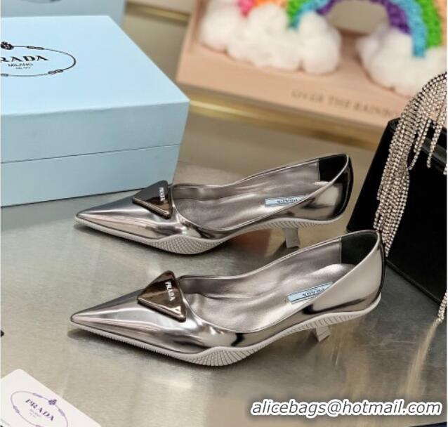 Best Price Prada Shiny Leather Slingback Pumps Heel 3cm 030613 Silver 2021