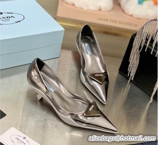 Best Price Prada Shiny Leather Slingback Pumps Heel 3cm 030613 Silver 2021