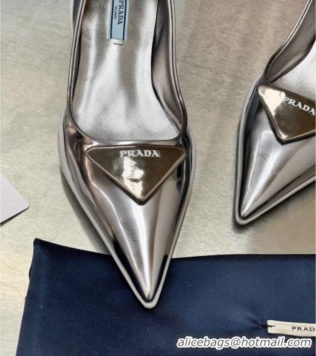 Best Price Prada Shiny Leather Slingback Pumps Heel 3cm 030613 Silver 2021