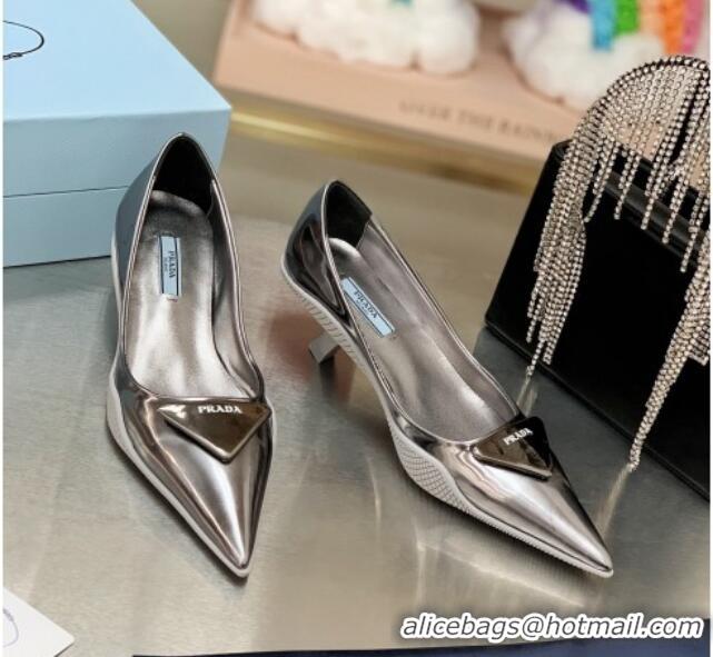 Best Price Prada Shiny Leather Slingback Pumps Heel 3cm 030613 Silver 2021