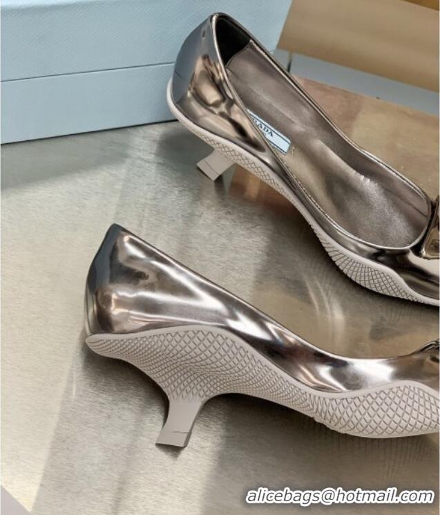 Best Price Prada Shiny Leather Slingback Pumps Heel 3cm 030613 Silver 2021