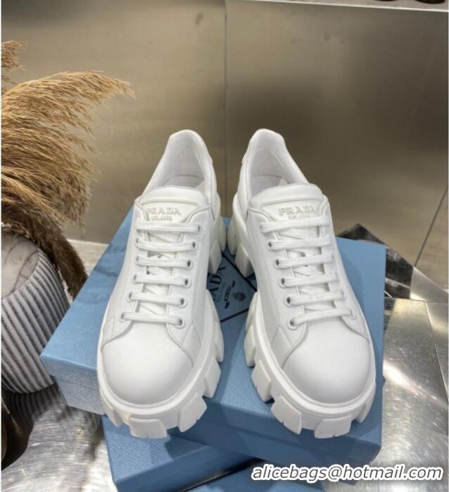 Charming Prada Calfskin Platform Sneakers 030617 All White 2021