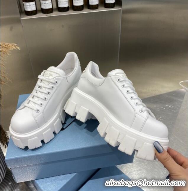 Charming Prada Calfskin Platform Sneakers 030617 All White 2021