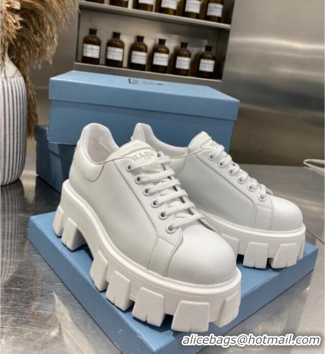 Charming Prada Calfskin Platform Sneakers 030617 All White 2021