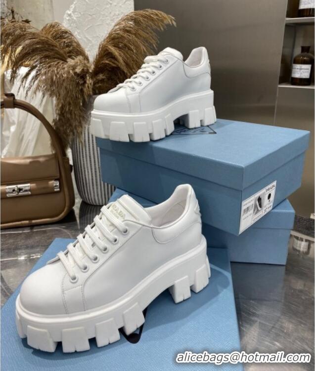 Charming Prada Calfskin Platform Sneakers 030617 All White 2021