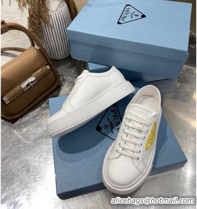 Best Product Prada Calfskin Low-top Sneakers 030623 White/Yellow 2021