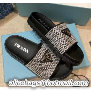 Top Grade Prada Crystal Flat Slide Sandals 032926 Black 2021