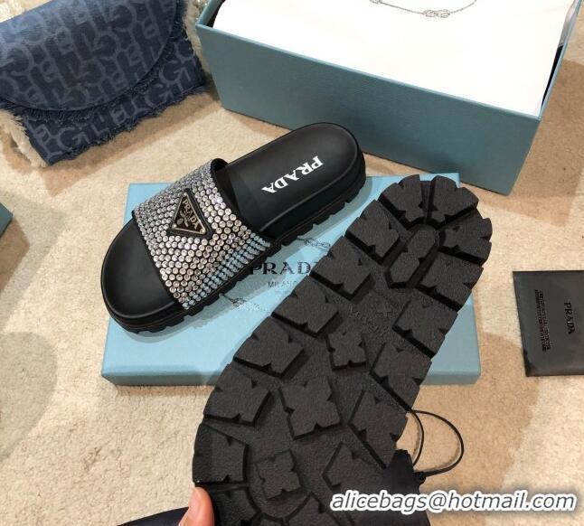 Top Grade Prada Crystal Flat Slide Sandals 032926 Black 2021