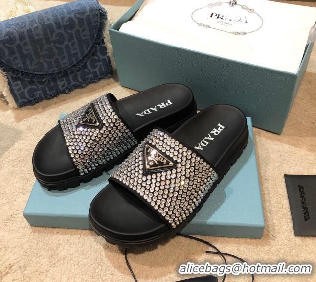 Top Grade Prada Crystal Flat Slide Sandals 032926 Black 2021