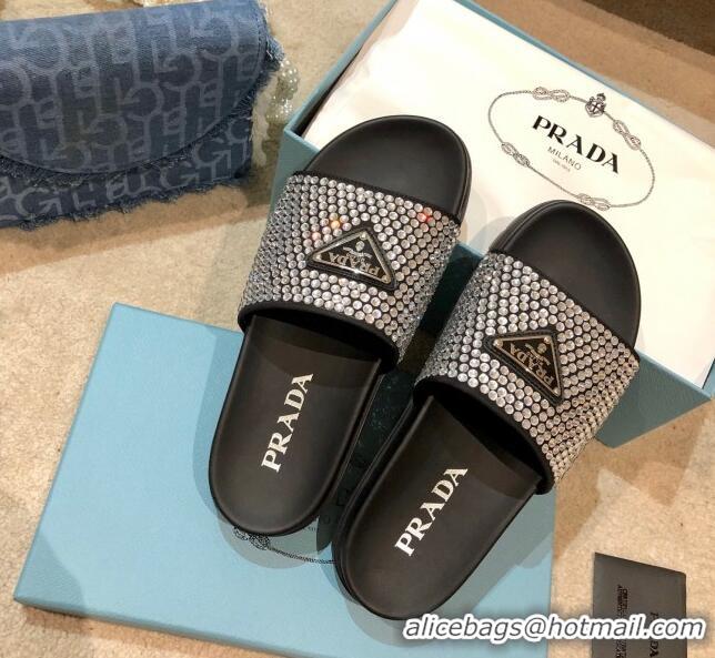 Top Grade Prada Crystal Flat Slide Sandals 032926 Black 2021