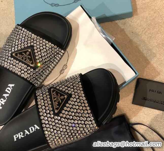 Top Grade Prada Crystal Flat Slide Sandals 032926 Black 2021