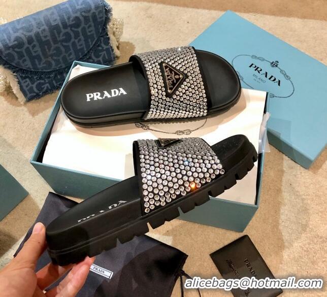 Top Grade Prada Crystal Flat Slide Sandals 032926 Black 2021