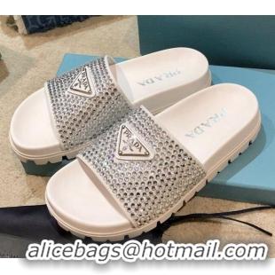 Low Price Prada Crystal Flat Slide Sandals 032926 White 2021