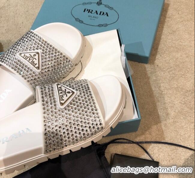 Low Price Prada Crystal Flat Slide Sandals 032926 White 2021